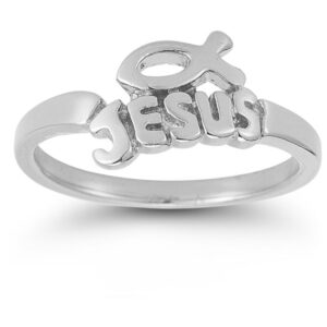 Jesus Ichthus Ring in 14K White Gold