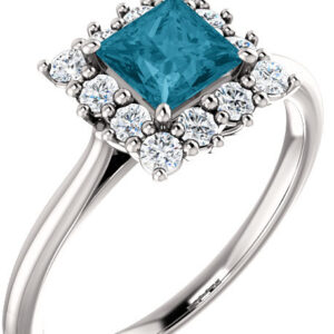 London Blue Topaz Princess-Cut and Diamond Halo Ring, 14K White Gold