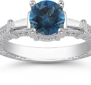 London Blue Topaz and Baguette Diamond Engagement Ring, 14K White Gold