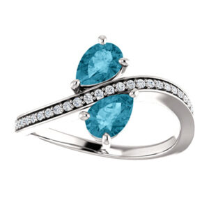 London Blue Topaz and Diamond 2 Stone Ring, 14K White Gold