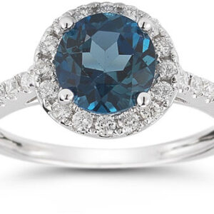 London Blue Topaz and Diamond Halo Gemstone Ring in 14K White Gold