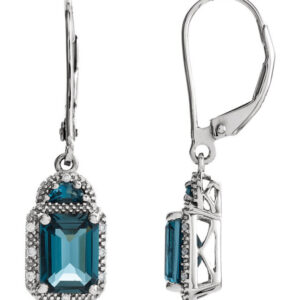 London Blue Topaz and Half-Moon Facet Diamond Earrings, 14K White Gold
