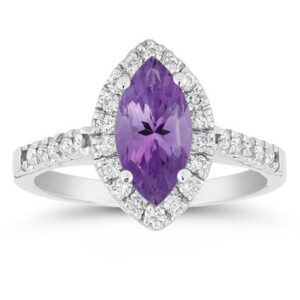 Marquise Cut Amethyst and Diamond Halo Ring, 14K White Gold