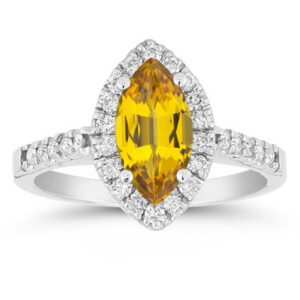 Marquise Shaped Citrine and Diamond Halo Ring in 14K White Gold