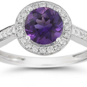 Modern Halo Amethyst Diamond Ring in 14K White Gold