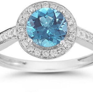 Modern Halo Blue Topaz Diamond Ring in 14K White Gold