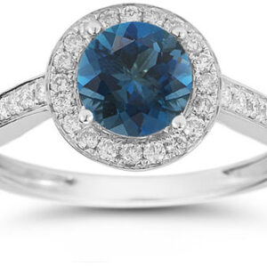 Modern Halo London Blue Topaz Diamond Ring in 14K White Gold