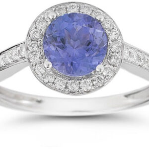 Modern Halo Tanzanite Diamond Ring in 14K White Gold