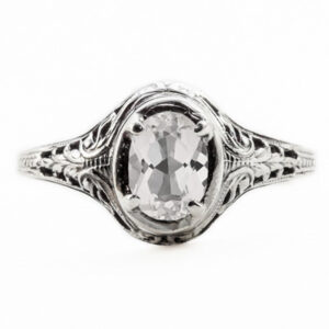 Oval Cut White Topaz Art Nouveau Style 14K White Gold Ring