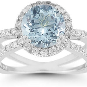 Pave Diamond Criss-Cross Aquamarine and Diamond Halo Ring