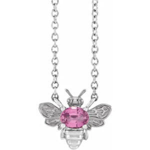 Pink Sapphire Bee Necklace, 14K White Gold