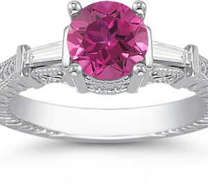 Pink Topaz and Baguette Diamond Engagement Ring in 14K White Gold