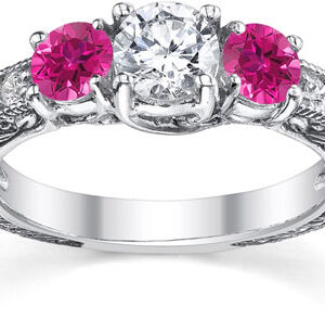 Pink Topaz and Diamond Floret Engagement Ring, 14K White Gold