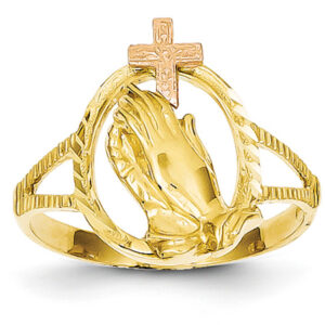 Praying Hands Cross Ring, 14K Rose and Yellow Gold