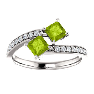 Princess Cut Peridot and Diamond Two Stone Ring in 14K White Gold