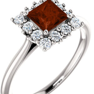 Princess-Cut Square Garnet and Diamond Halo Ring, 14K White Gold