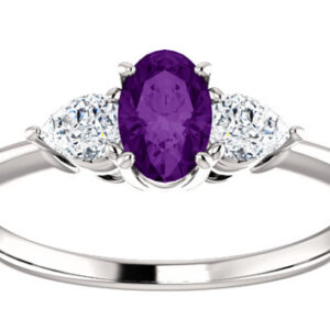 Purple Amethyst and Pear-Shaped Diamond Three Stone Ring