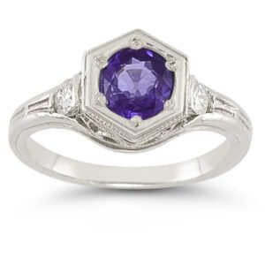 Roman Art Deco Amethyst and White Sapphire Ring in .925 Sterling Silver