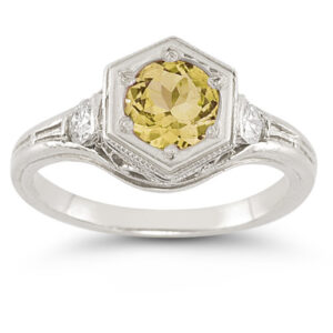 Roman Art Deco Citrine and White Sapphire Ring in .925 Sterling Silver