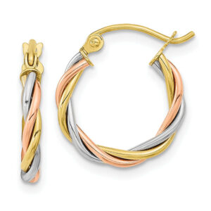 Small 10K Tri-Color Gold Twisted Hoop Earrings, 5/8"