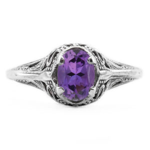 Swan Design Vintage Style Oval Cut Amethyst Ring in 14K White Gold