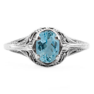 Swan Design Vintage Style Oval Cut Blue Topaz Ring in Sterling Silver