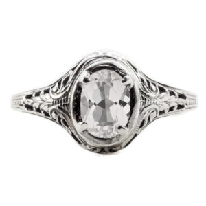 Swan Design Vintage Style Oval Cut White Topaz Ring in 14K White Gold