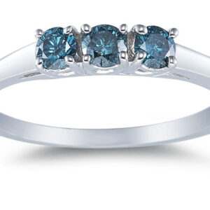 Three Stone Blue Diamond Ring, 14K White Gold