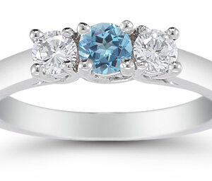 Three Stone Blue Topaz and Diamond Ring, 14K White Gold