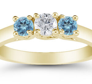 Three Stone Diamond and Blue Topaz Ring, 14K Gold