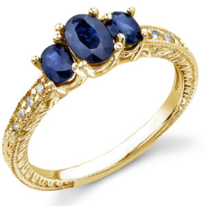 Three Stone Oval Blue Sapphire Engraved Design Ring, 14K Yellow Gold