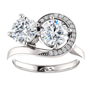 Two Stone Swirl Design Moissanite Engagement Ring in 14K White Gold