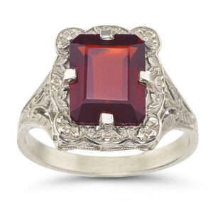 Victorian Emerald-Cut Garnet Ring in 14K White Gold