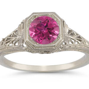 Victorian-Era Style Pink Topaz Filigree Ring in 14K White Gold