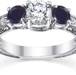 Victorian-Style Sapphire and Diamond Three Stone Engagement Ring, 14K White Gold