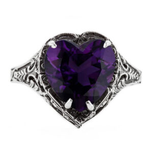 Vintage Filigree Amethyst Heart Ring in 14K White Gold