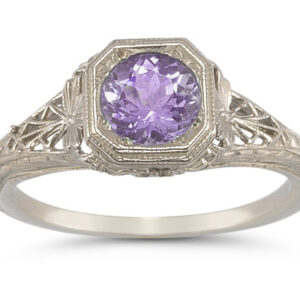 Vintage Filigree Amethyst Ring in 14K White Gold