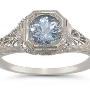 Vintage Filigree Aquamarine Ring in 14K White Gold