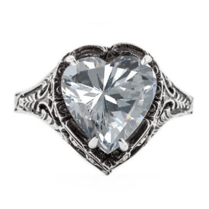 Vintage Filigree CZ Heart Ring in 14K White Gold