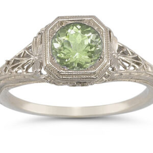 Vintage Filigree Peridot Ring in 14K White Gold