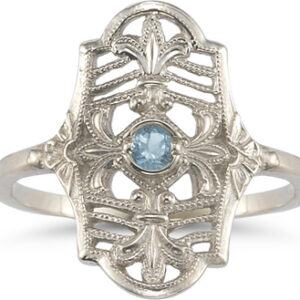 Vintage Fleur-de-Lis Aquamarine Ring in 14K White Gold