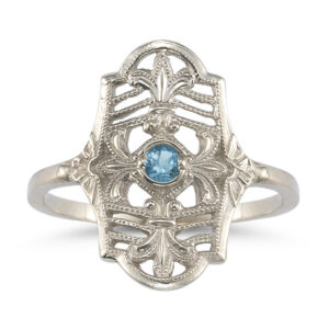 Vintage Fleur-de-Lis Blue Topaz Ring in 14K White Gold