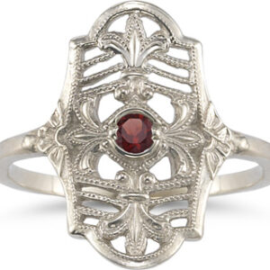 Vintage Fleur-de-Lis Garnet Ring in 14K White Gold