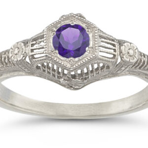 Vintage Floral Amethyst Ring in 14K White Gold