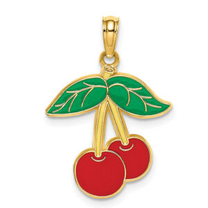 enameled cherry pendant with leaves 14k gold