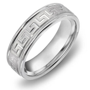 greek key wedding band ring in 14k white gold with satin finish