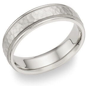 hammered milgrain wedding band in 14k white gold