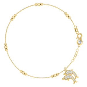 jumping dolphins CZ bead bracelet 14k gold