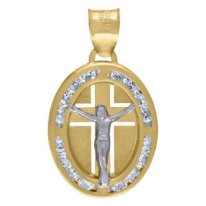 oval cz crucifix medallion pendant 14k two-tone gold