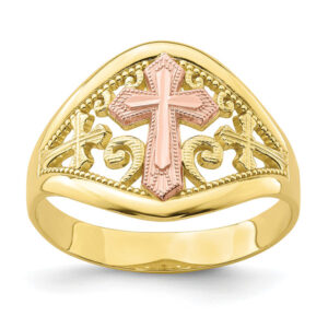 three cross filigree ring for women in 10k yellow and rose gold